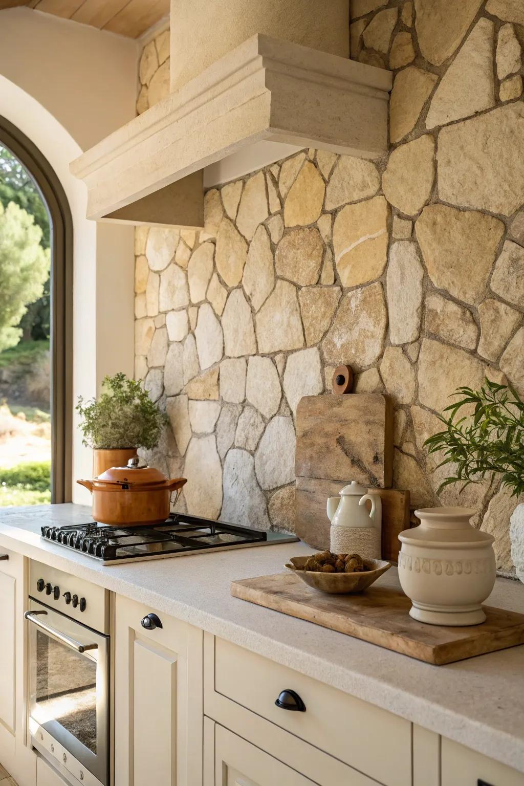 Embrace timeless elegance with a textured stone backsplash that enhances your kitchen's sophistication. 🏡 #HomeElegance #KitchenDecor