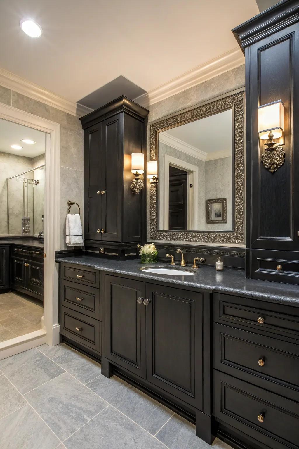 Make a bold statement with an all-black bathroom design that exudes sophistication. 🖤