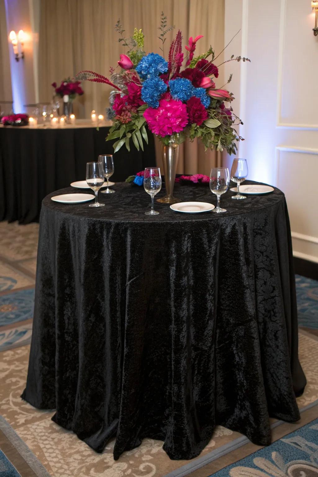 🖤 Dive into monochromatic elegance with varying textures on a black tablecloth. #BlackAndBold #TableStyle