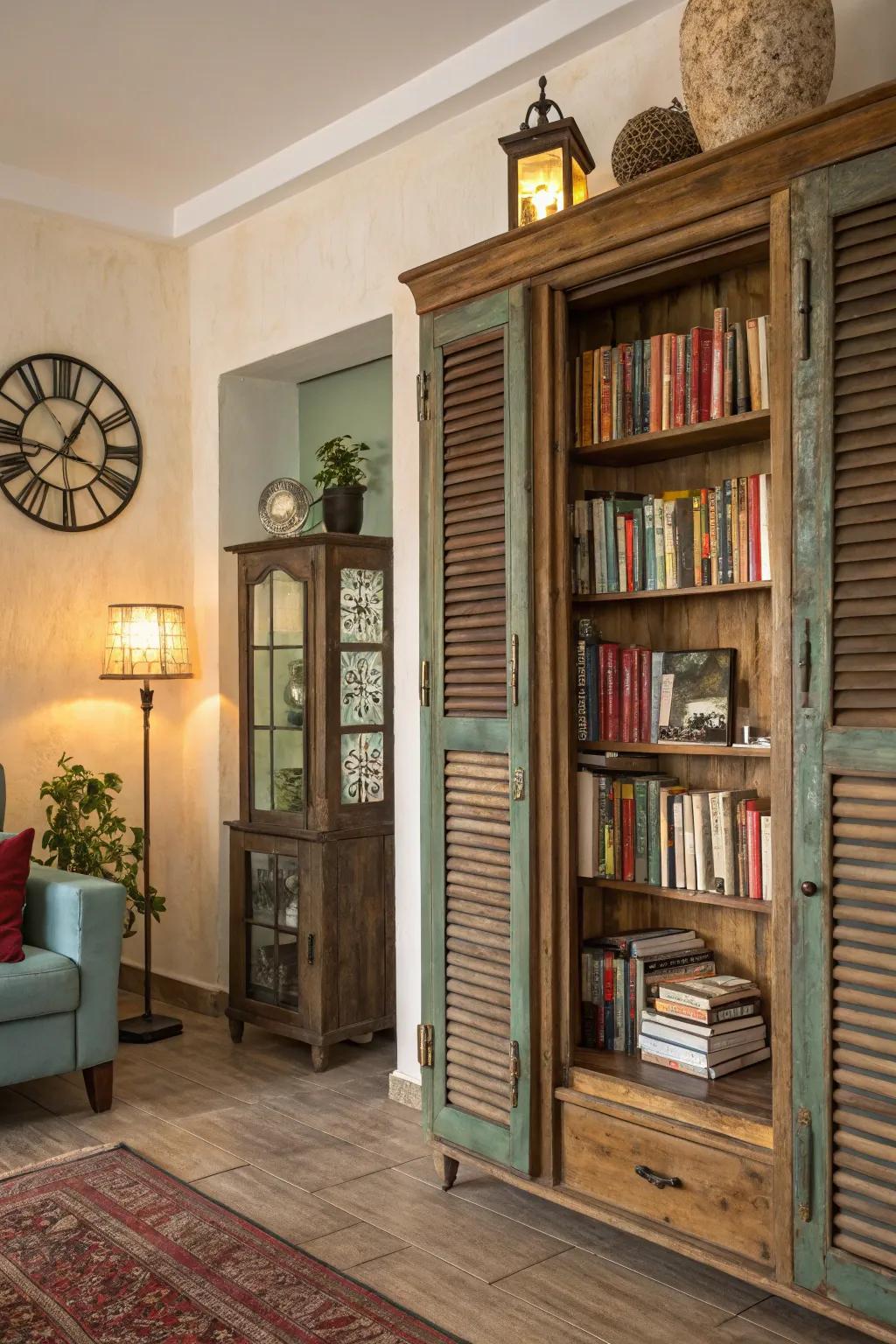 Window shutters add vintage charm, turning bookshelves into delightful displays. 🌿 #VintageStyle #HomeCharm