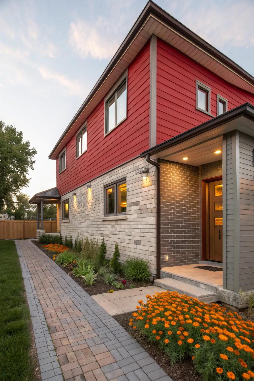 Turn heads with bold red siding and neutral brick. 🔥 #BoldDesign #ExteriorInspiration #ColorImpact