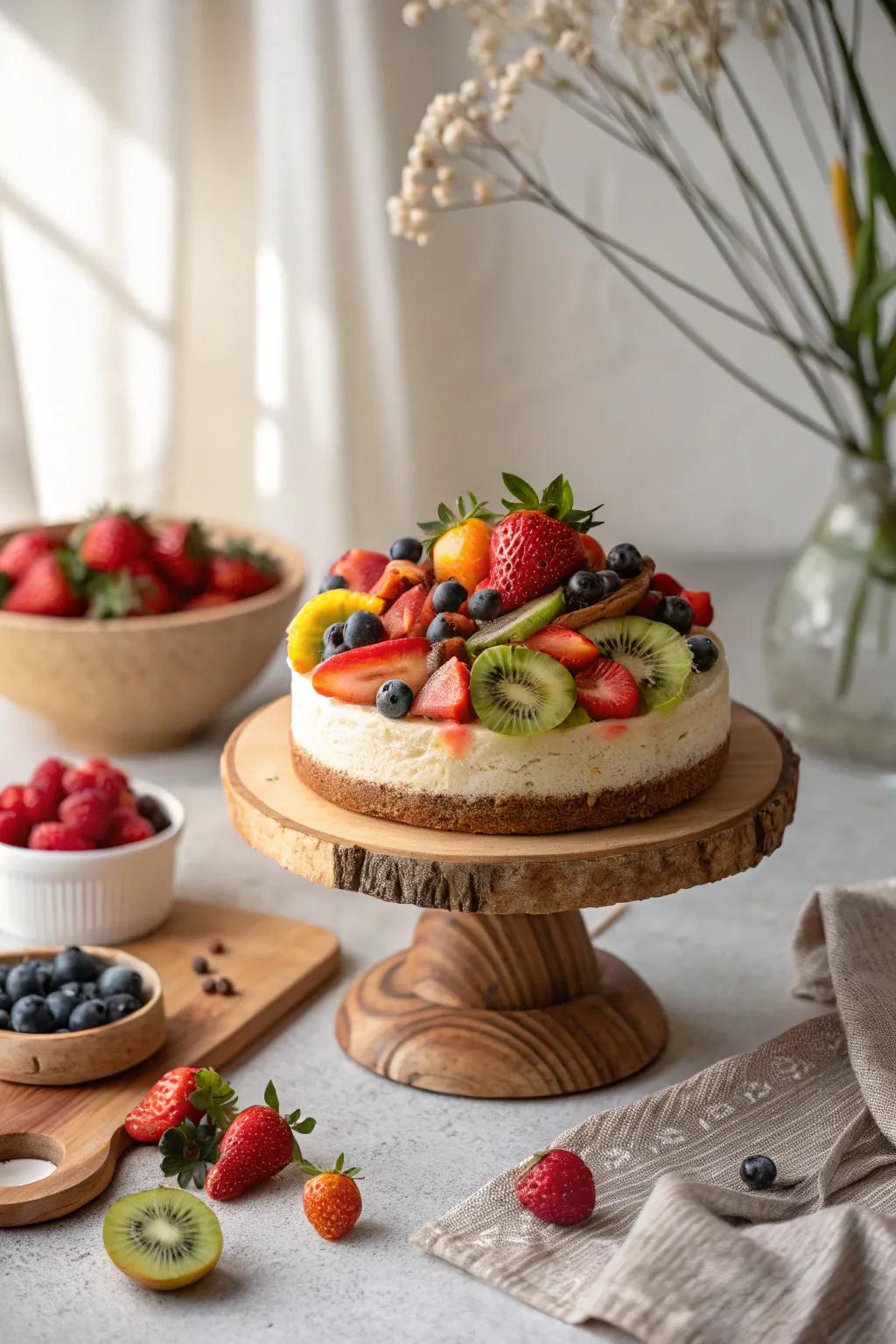 Fresh fruits add a burst of color and flavor to your cake, making it a feast for the eyes and palate. #FruitTopped #FreshAndDelicious