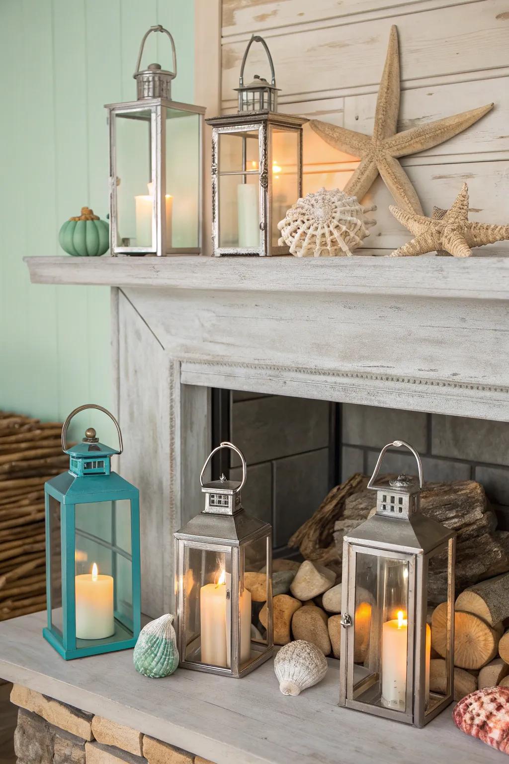 Let lanterns light up your space with a gentle, welcoming ambiance. 🌟 #FireplaceDecor #Warmth
