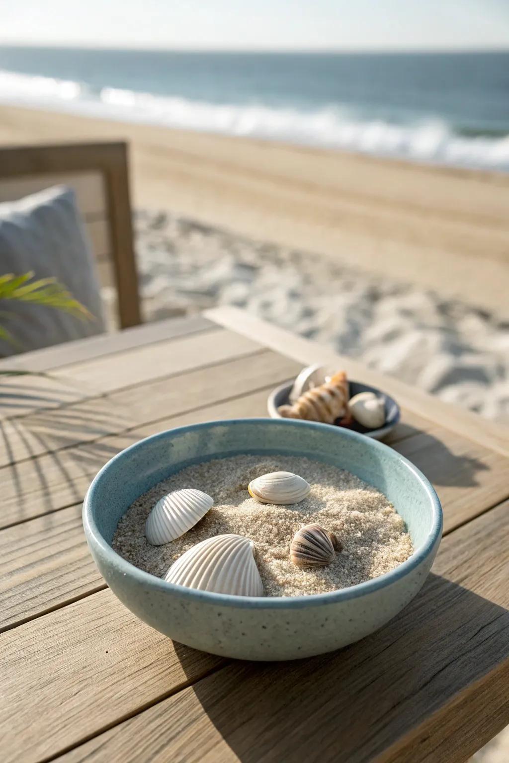 Simple yet impactful, a sand and shell bowl centerpiece captures the essence of the shore. 🐚 #BeachDecor #TableInspiration