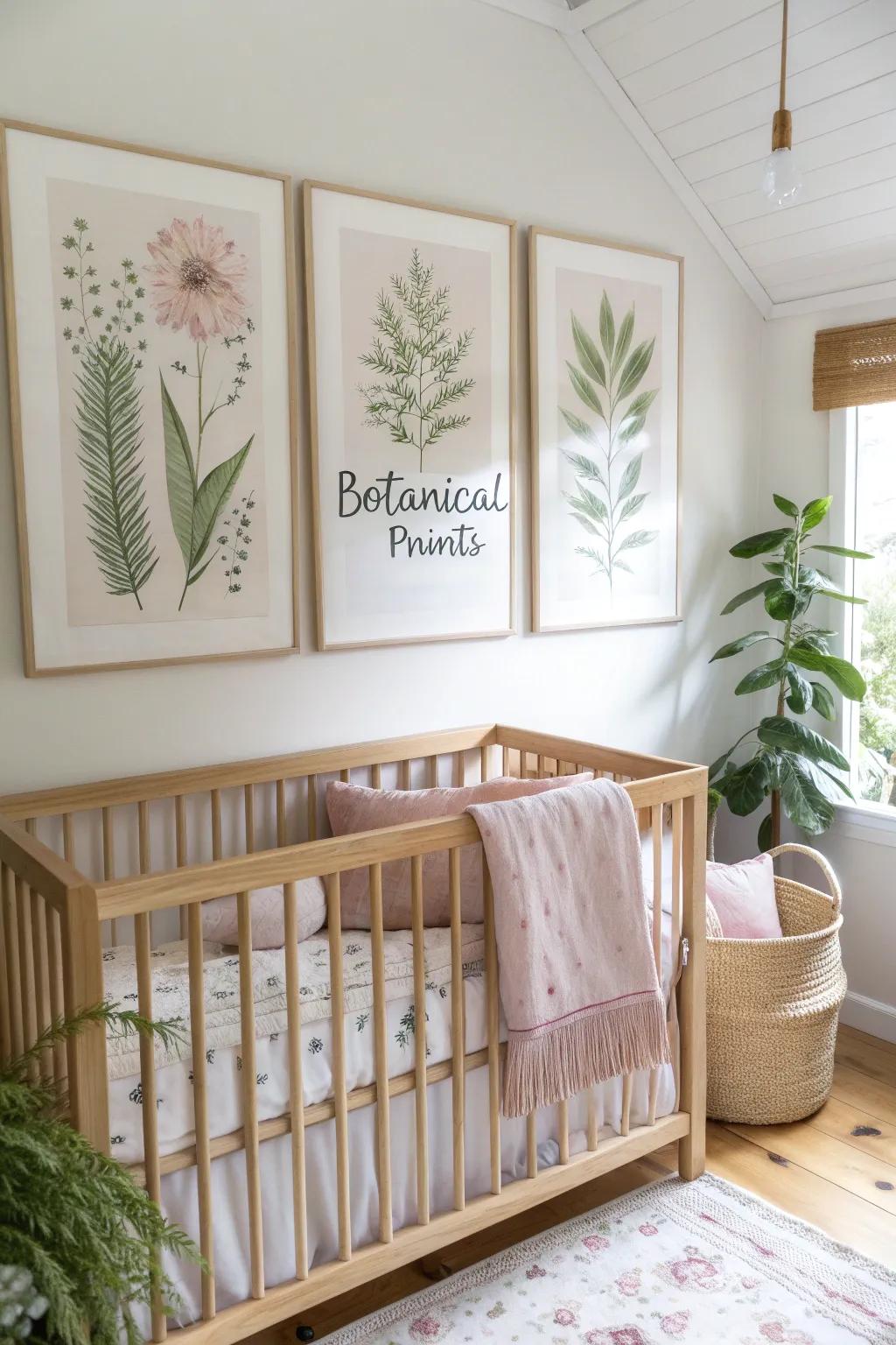 Botanical prints bring a fresh, lively touch to your rustic nursery. #BotanicalDecor #NurseryDesign #HomeInspo