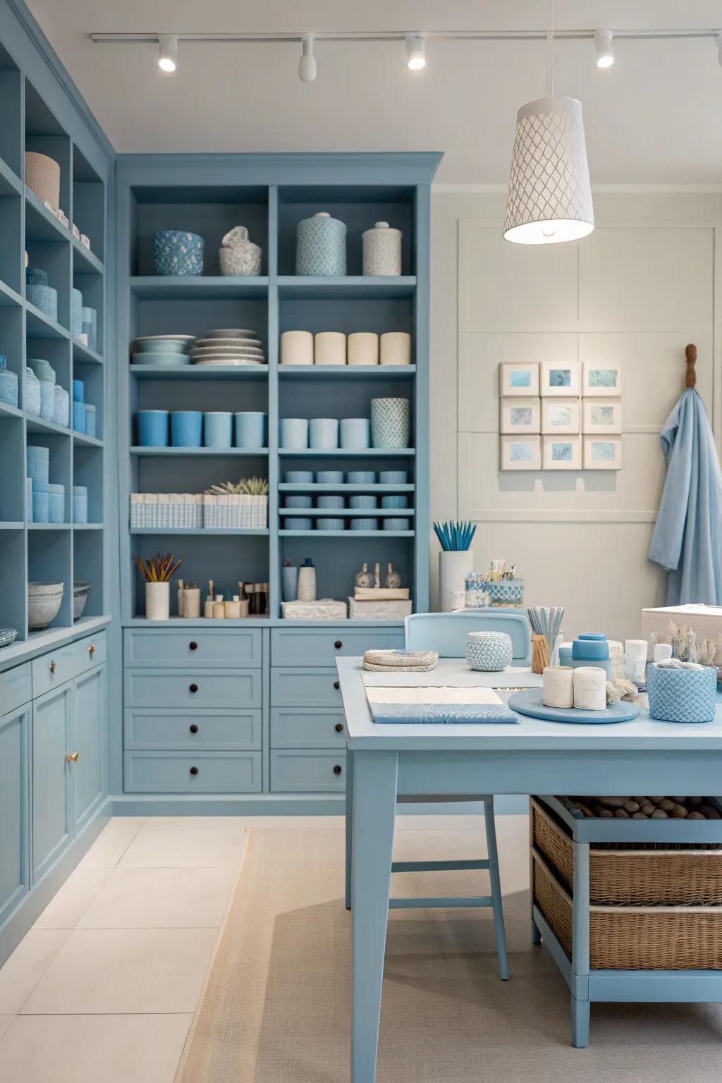 Achieve a sophisticated look with a monochromatic color scheme, using varying shades of your favorite hue. #MonochromeMagic #CraftRoomDesign