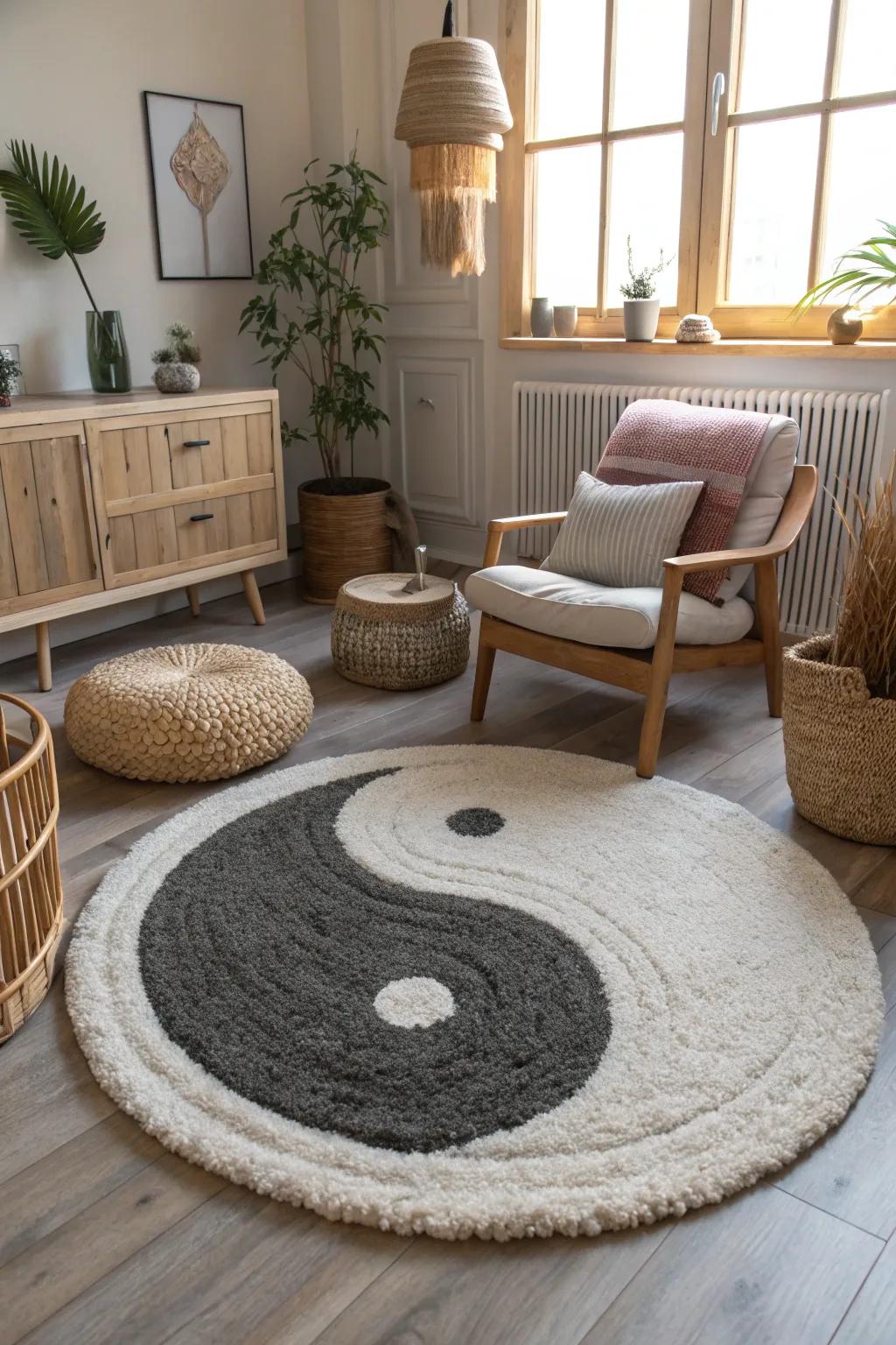 Ground your space with a yin yang rug that offers the perfect blend of comfort and style. 🏡 #HomeDecor #CozyVibes #InteriorDesign