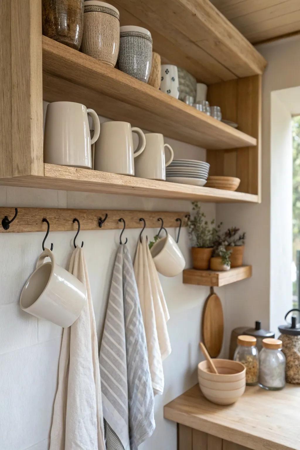 Free up cupboard space with under-shelf hooks for a functional yet stylish setup.