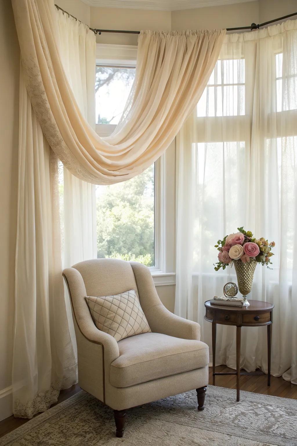 Add drama and romance with window scarves for a beautifully styled window. #CurtainIdeas #HomeElegance 🌿