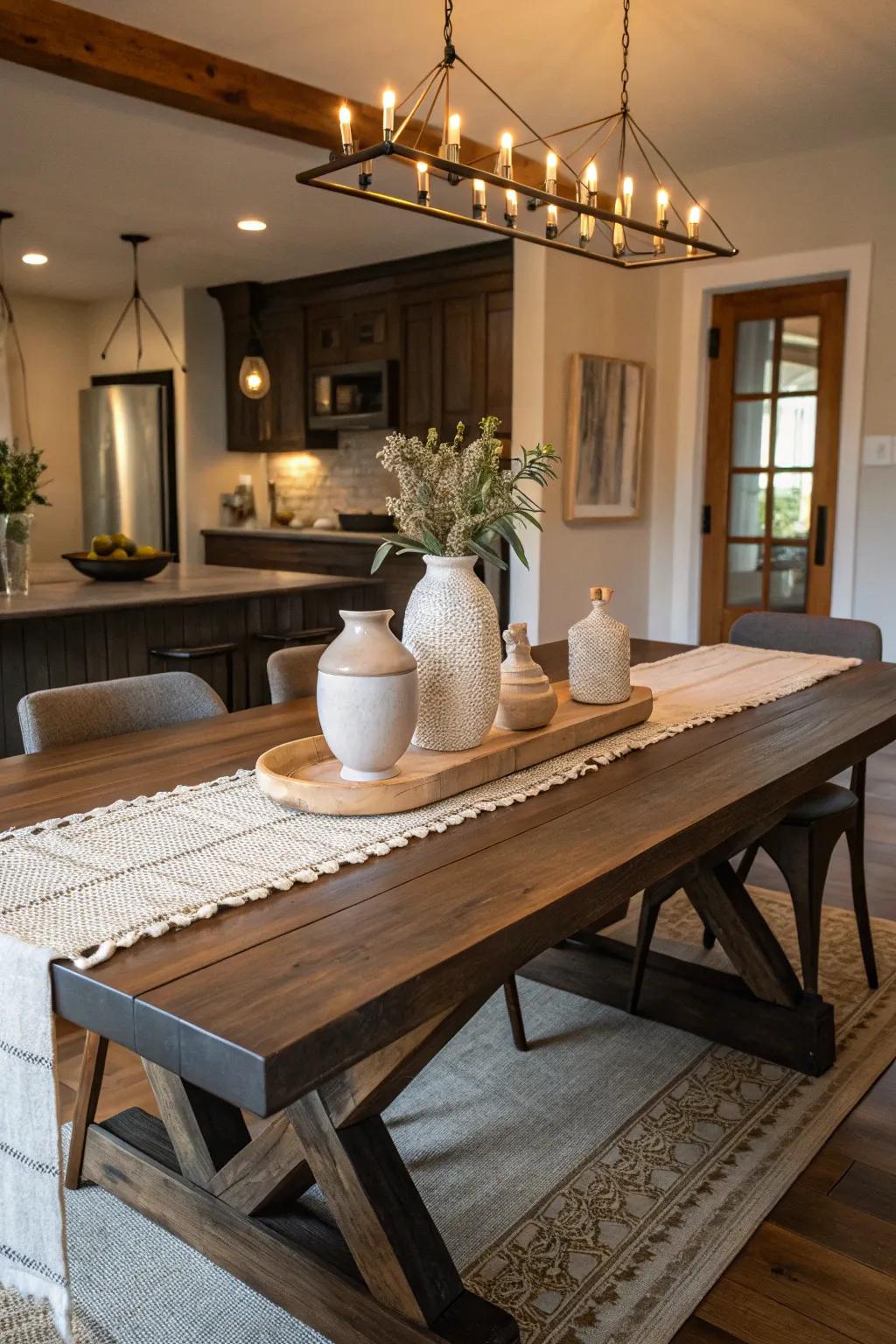 Find harmony in the fusion of rustic charm and modern elegance. 🌿 #InteriorStyle #DiningRoomDesign