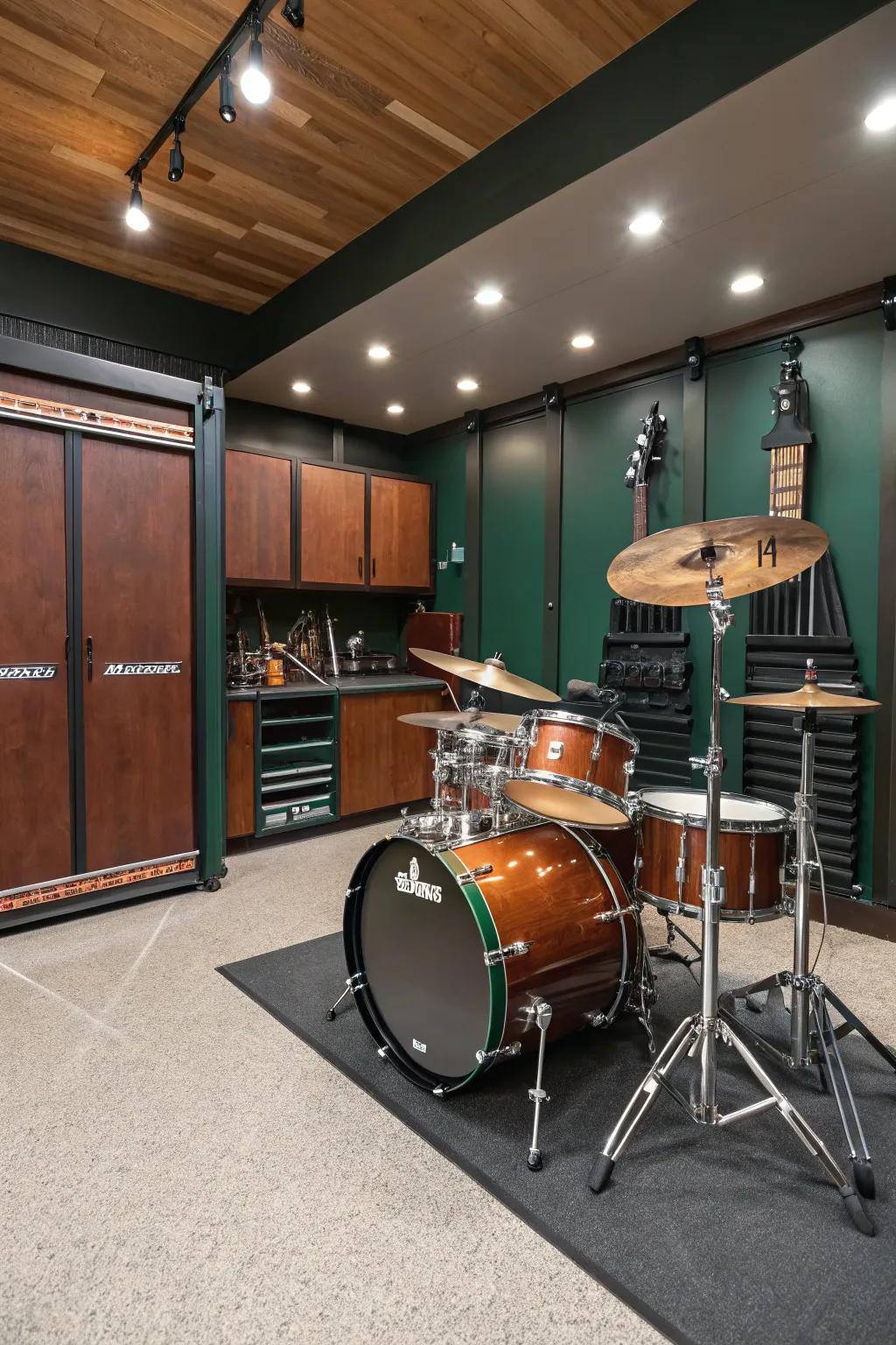 Transform your garage into a chic storage space for your drum kits. 🥁