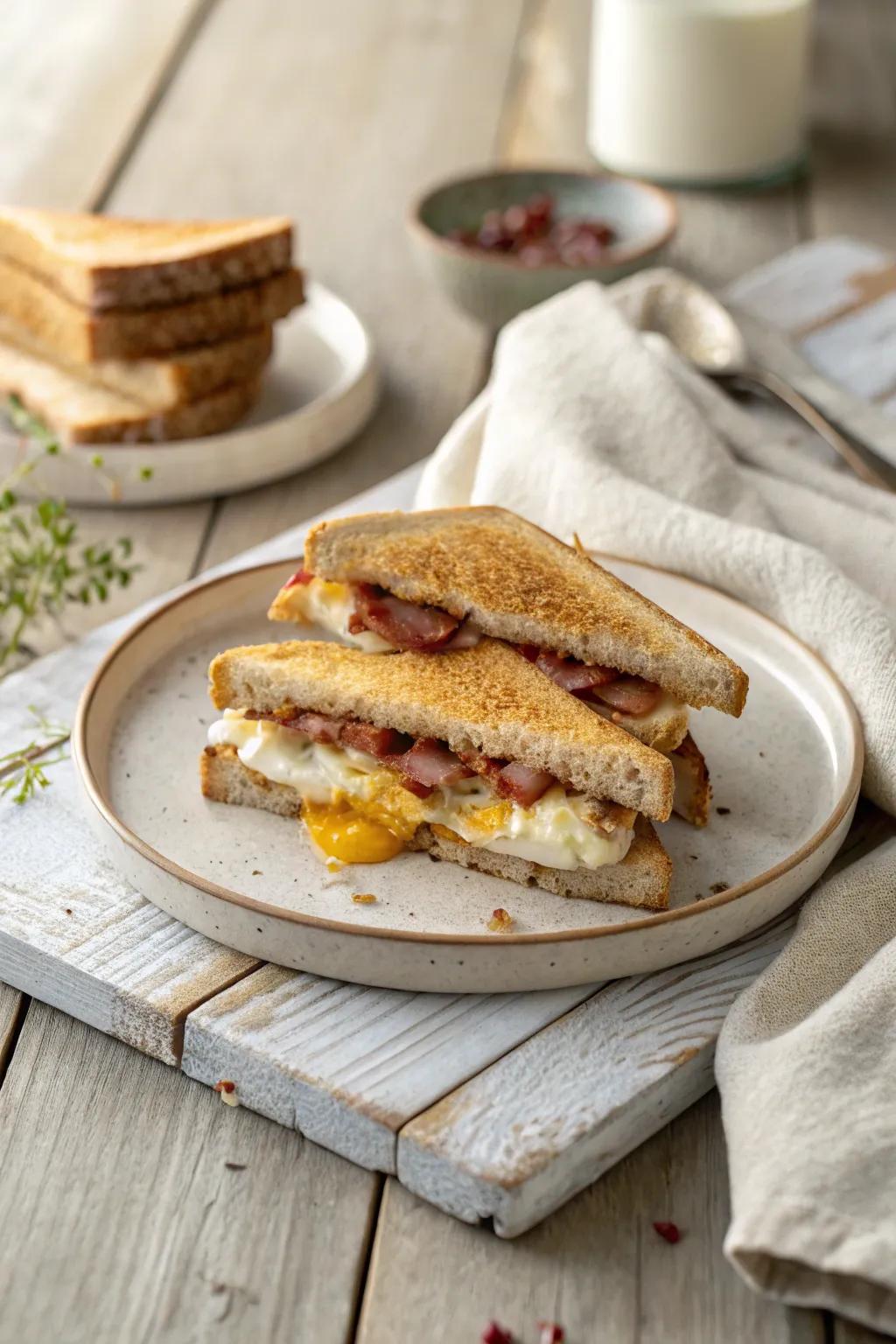 Take your breakfast to go with a toasted sandwich packed with English breakfast flavors. 🥪☕ #BreakfastOnTheGo #SandwichLovers