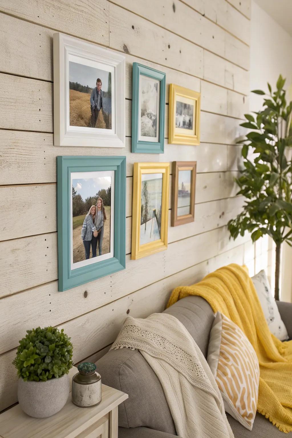 Use accent color frames to seamlessly blend your photo wall with your room's decor. 🎨 #AccentFrames #InteriorInspiration