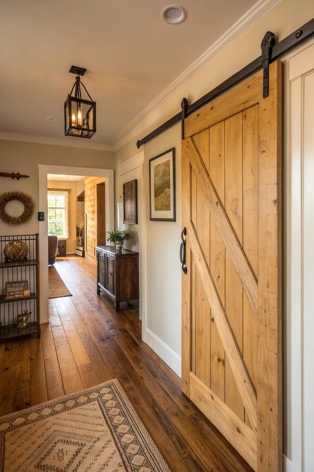 A sliding barn door adds rustic charm and functionality. 🚪 #BarnDoor #RusticCharm
