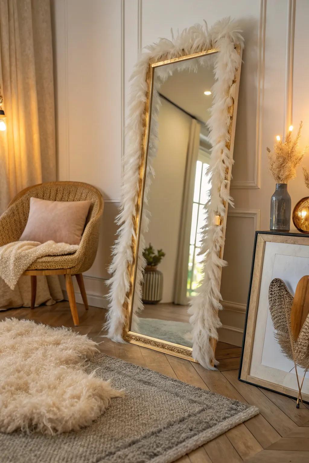 Transform your mirror into a statement piece with feather trim. 🪞✨ #HomeDecor #FeatherTrim