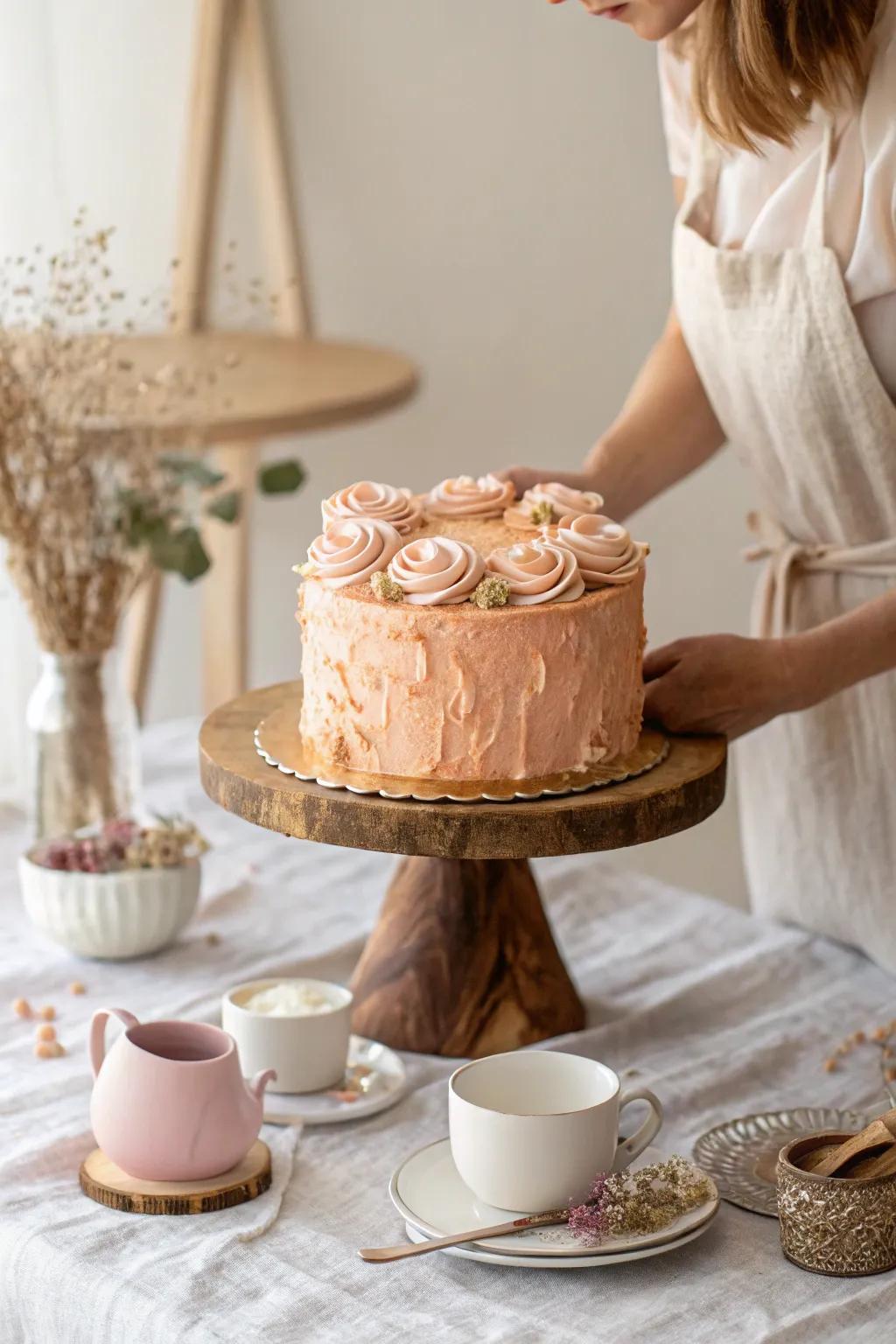 Rustic yet refined, textured buttercream in rose gold creates a cake that's beautifully unique. 🍰 #RusticElegance #Buttercream #CakeDesign