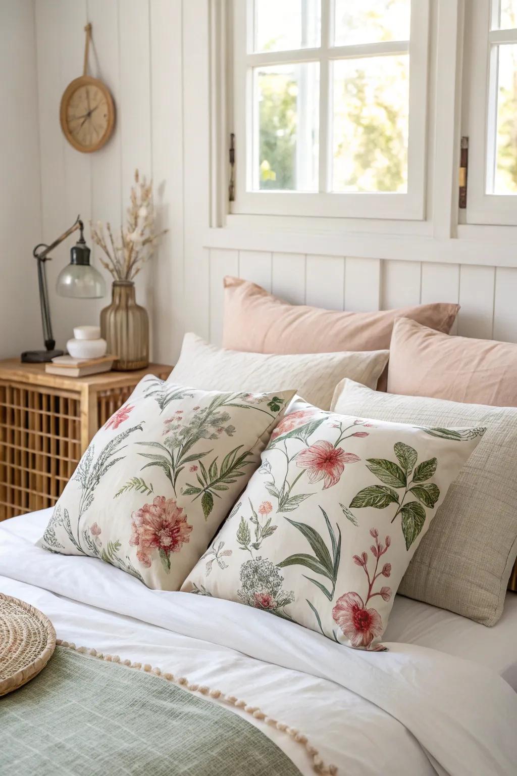 Floral cushions add a cozy touch to your bedroom. 🌼 #CozyDecor #CushionLove