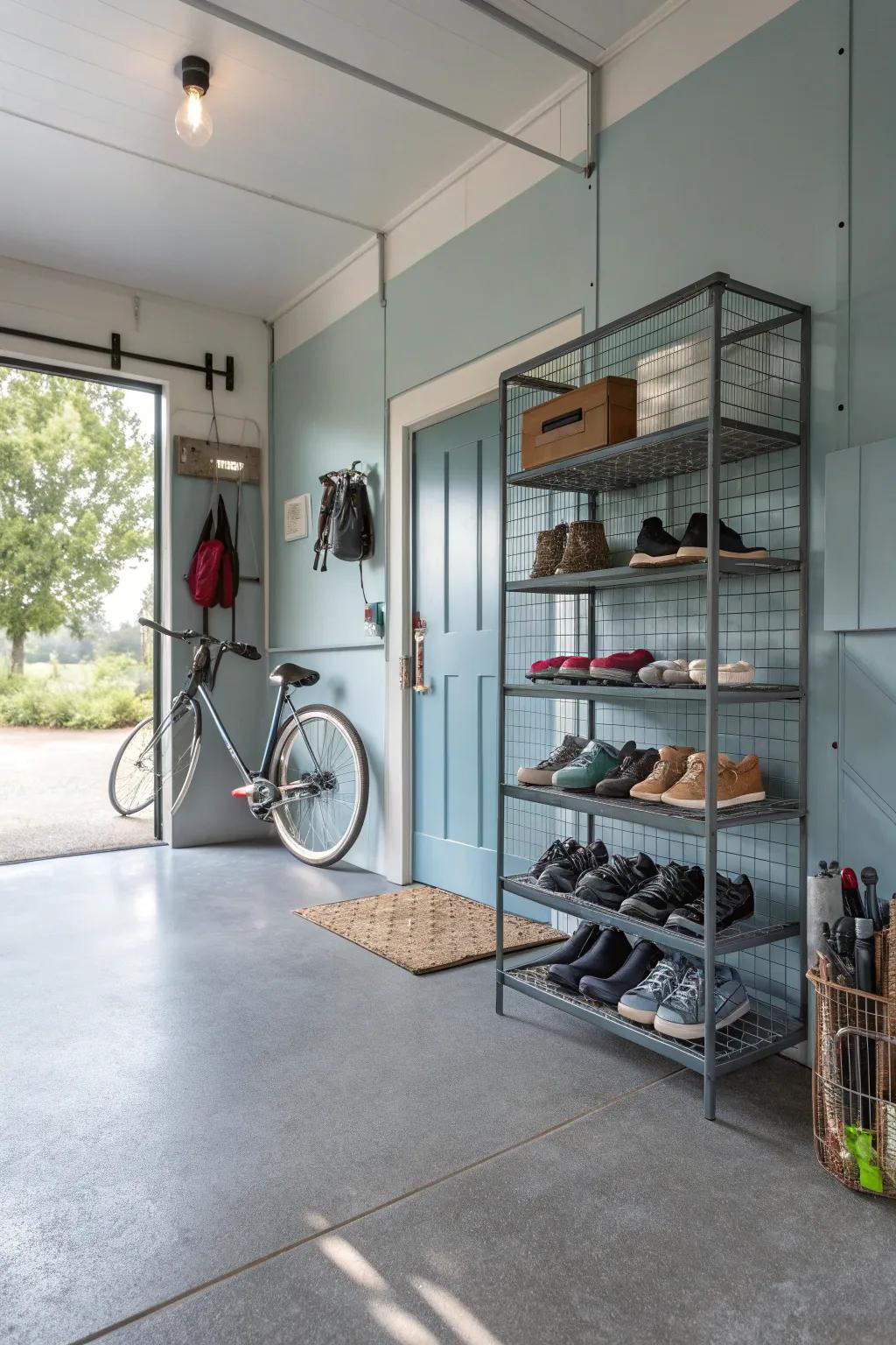 Wire mesh racks keep shoes ventilated and visible, perfect for any garage. 🌬️👟 #GarageStorage #SmartSolutions