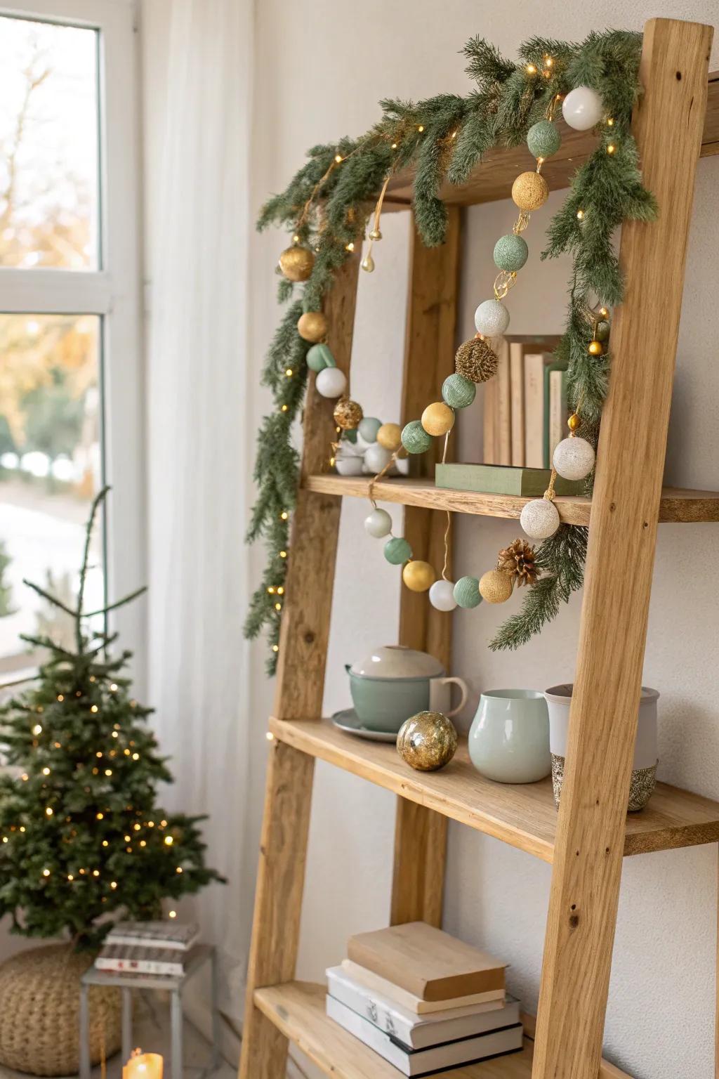 Add a touch of holiday spirit to your shelves with charming garlands and delicate ornaments. #ShelfStyling #HolidayVibes