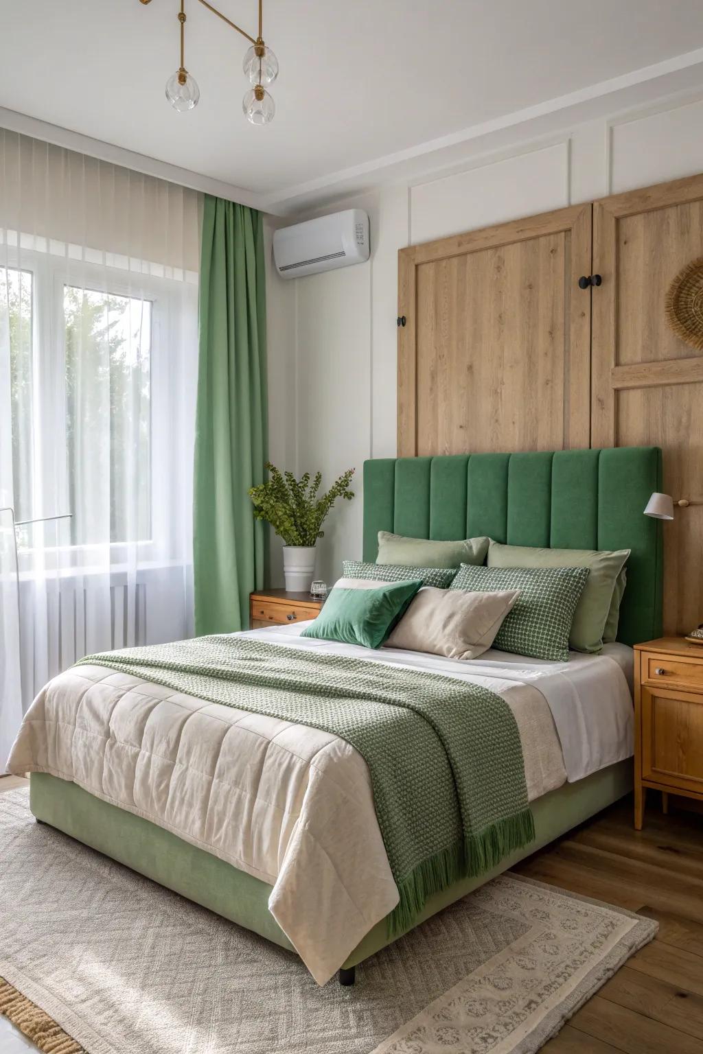 Master the art of layering with bedding that enhances the beauty of your green headboard. #LayeredLook #BedroomInspo