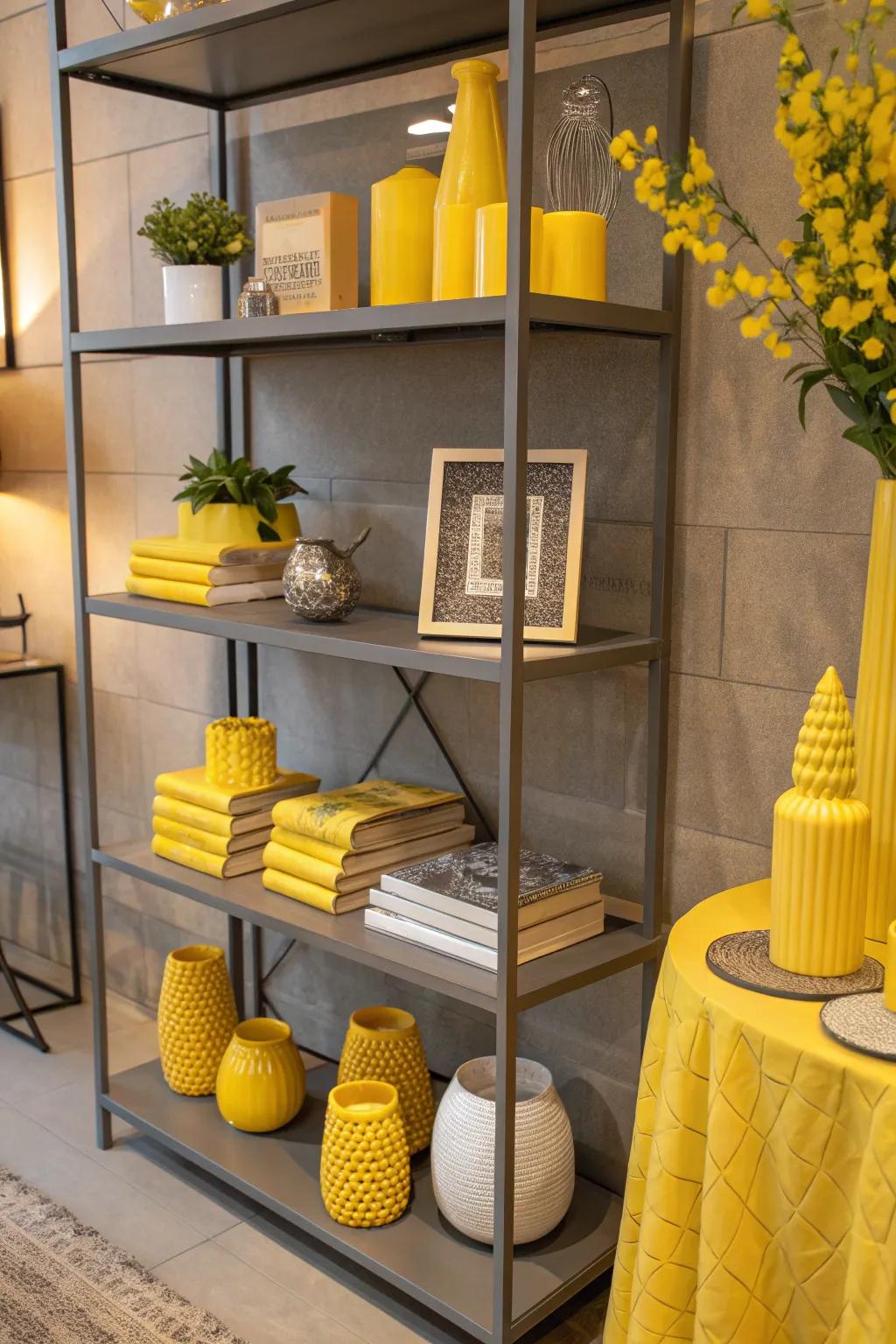 Spruce up your grey shelves with yellow decor for a subtle yet stylish pop of color.