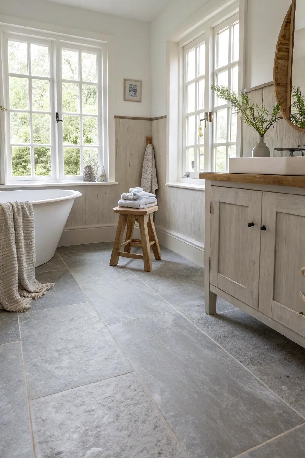 Neutral walls let grey tiles stand out, creating an inviting and balanced space. #BathroomStyling
