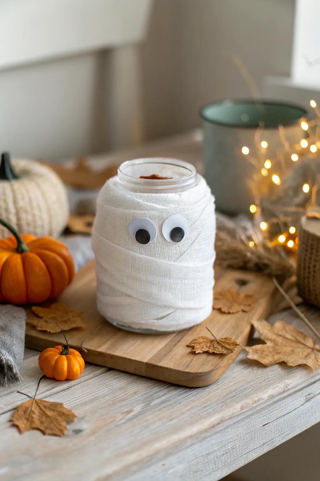 Wrap up some tips with a mummy jar that’s both spooky and adorable.