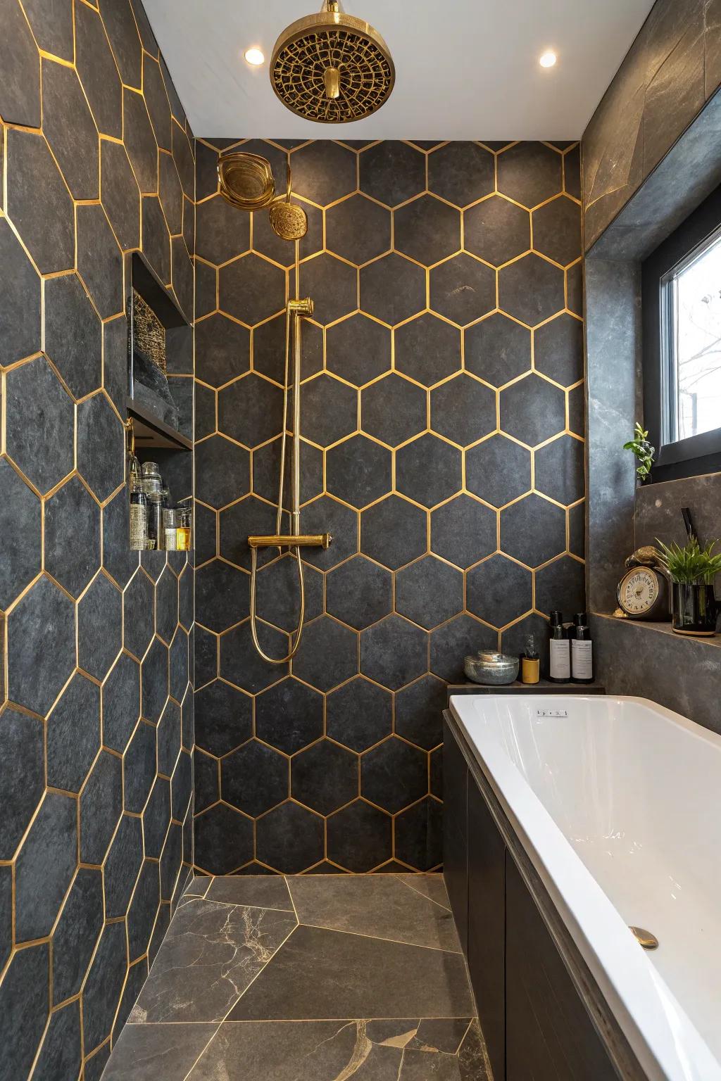 Elevate your bathroom with a striking feature wall of hexagon tiles. 🛀 #FeatureWall #BathroomInspo
