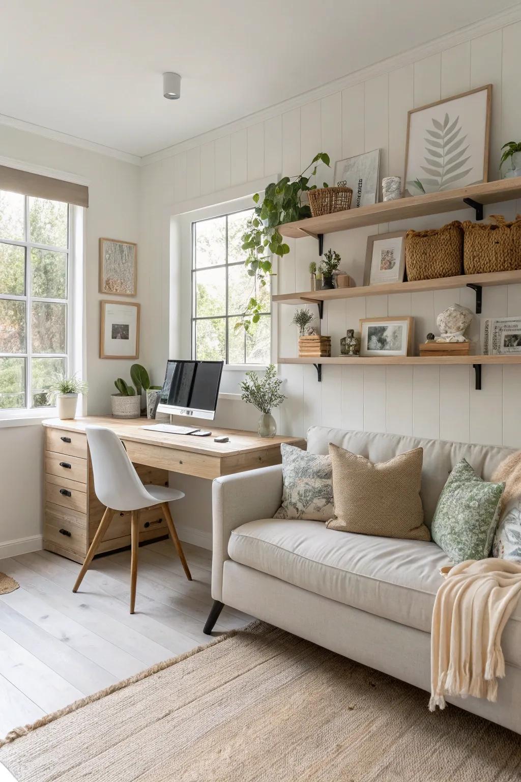 Create an open and airy workspace with a central floating desk. #OpenSpace #ModernOffice #DesignInspiration