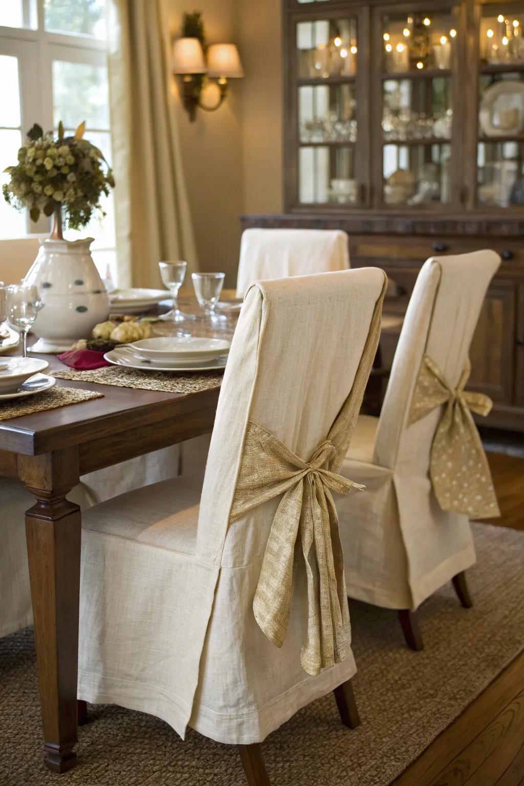 Napkin slipcovers add a touch of elegance to your dining chairs effortlessly. 🍽️