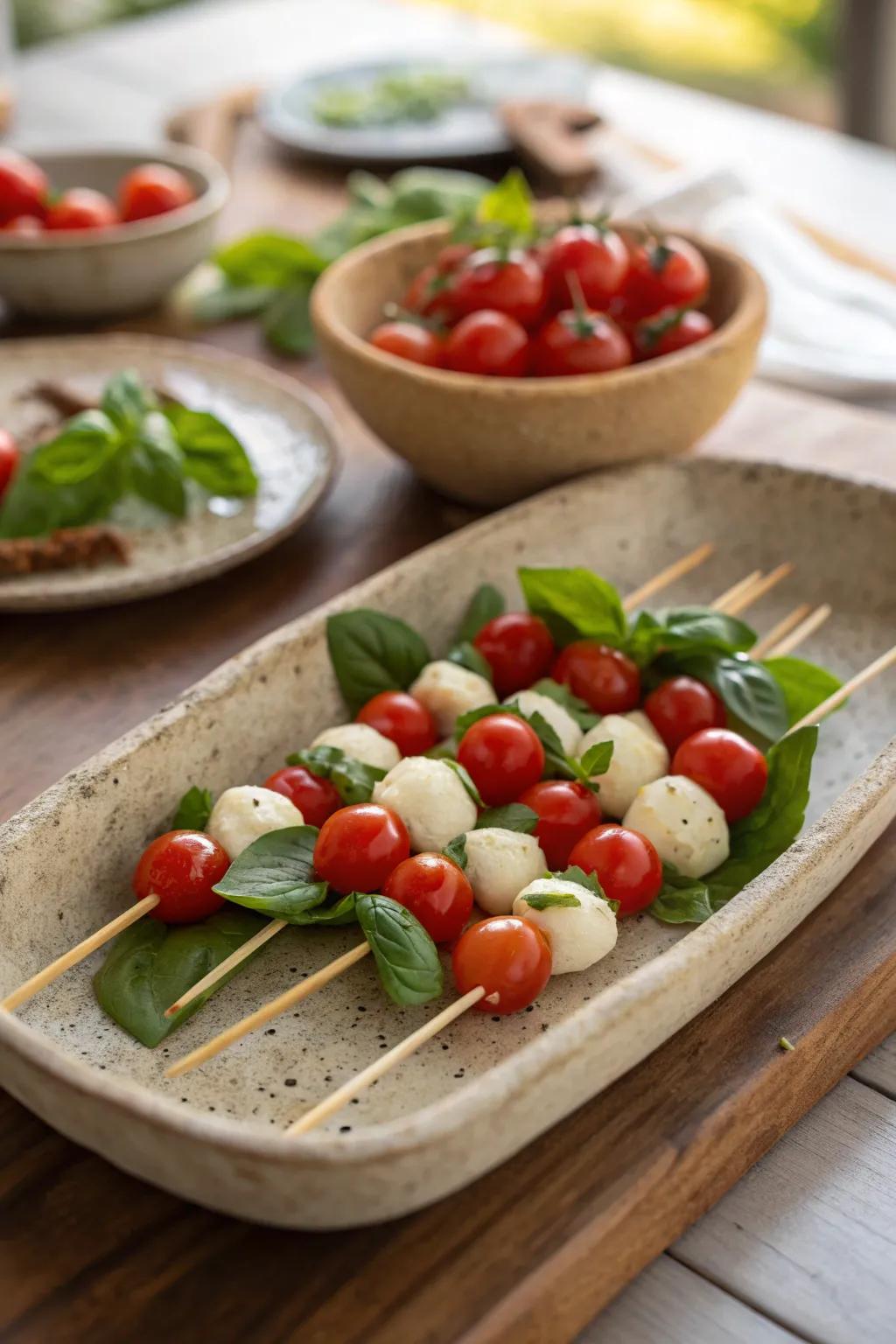Savor the simplicity of fresh Caprese flavors on a stick. #CapreseSkewers #AppetizerGoals #ItalianFlavors