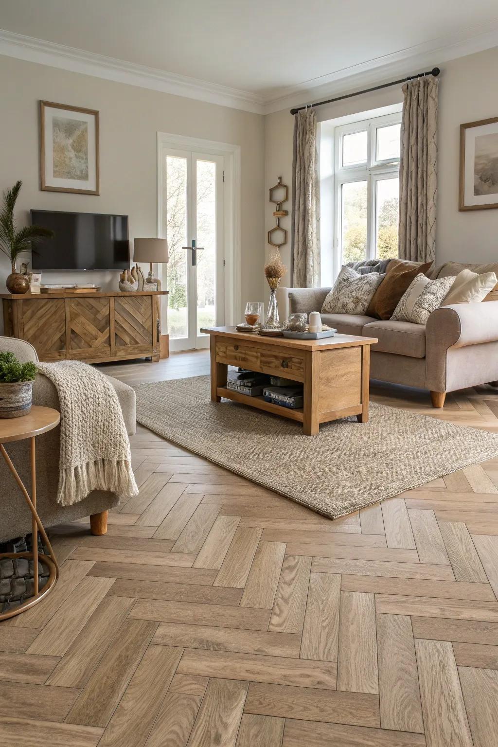 Herringbone patterns add timeless elegance to your living room. 🌿 #DesignTrends