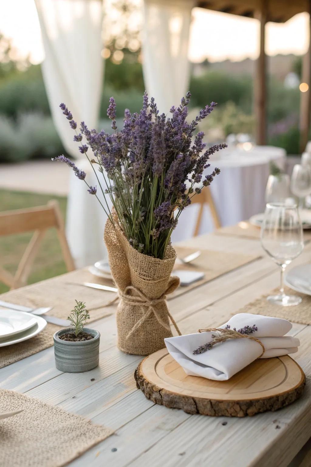 Lavender and burlap create a chic, rustic look for a country-style wedding. 💕🌾 #RusticWedding #LavenderChic