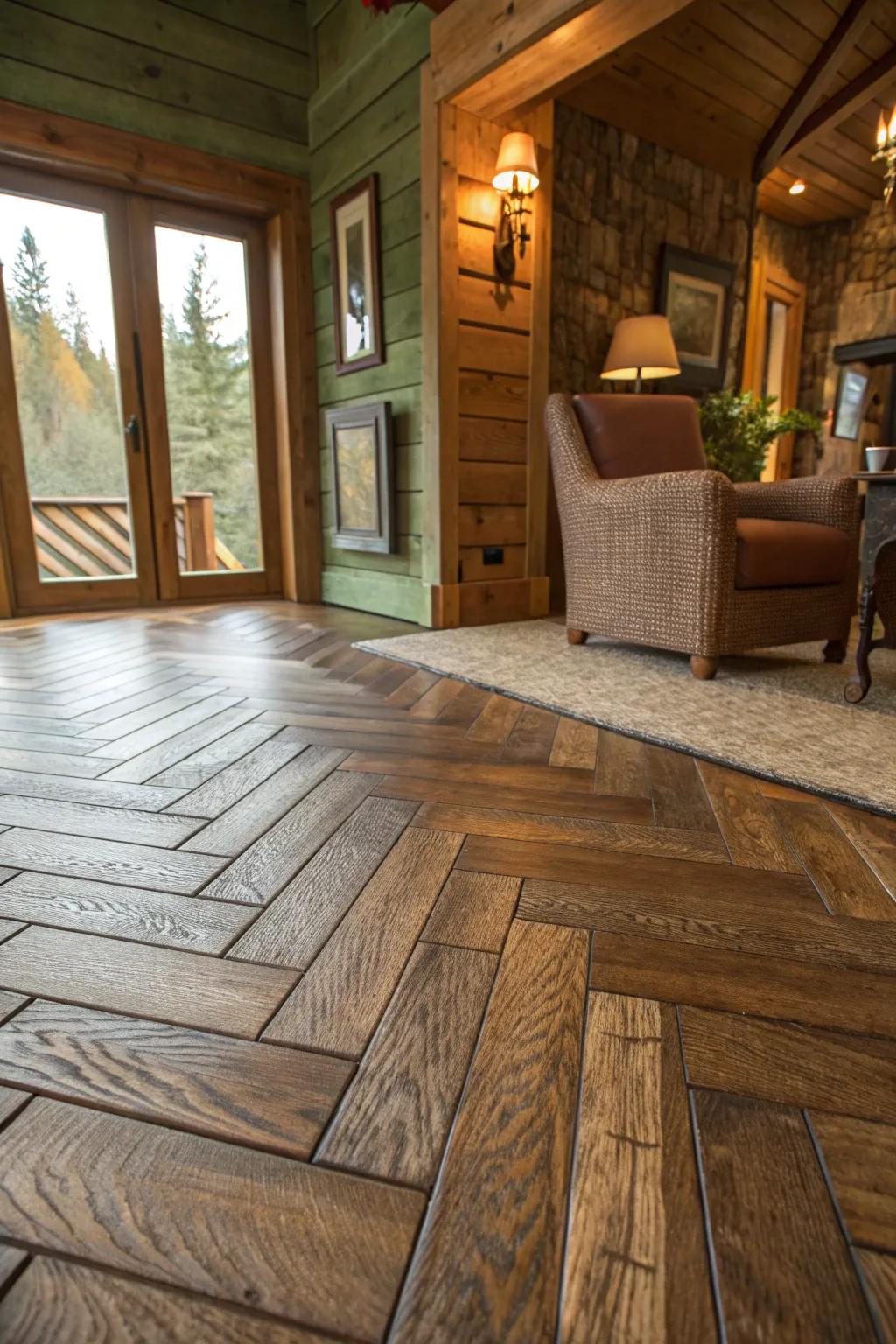 Patterned flooring like herringbone brings a contemporary twist to rustic spaces. 🌀 #PatternPlay #FlooringDesign