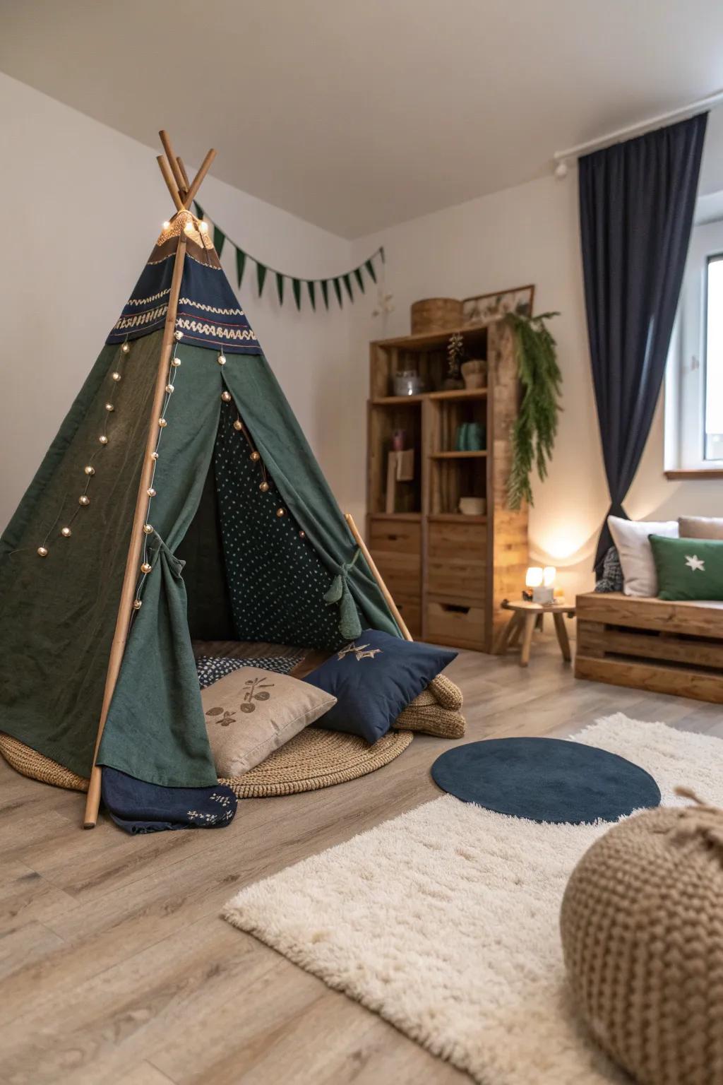 Encourage creativity with a tent area that's perfect for play and daydreams. 🎪 #PlayfulSpaces #KidsRoom #Imagination