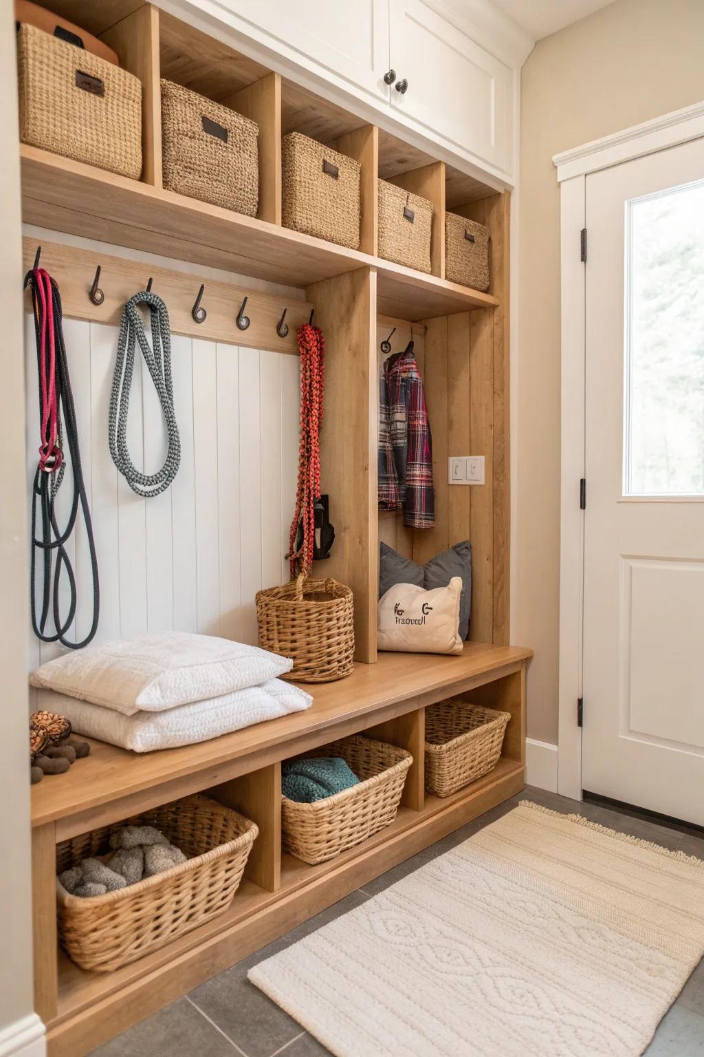 Make your mudroom a haven for your furry friends with organized pet supplies. 🐾 #PetFriendly #HomeDesign