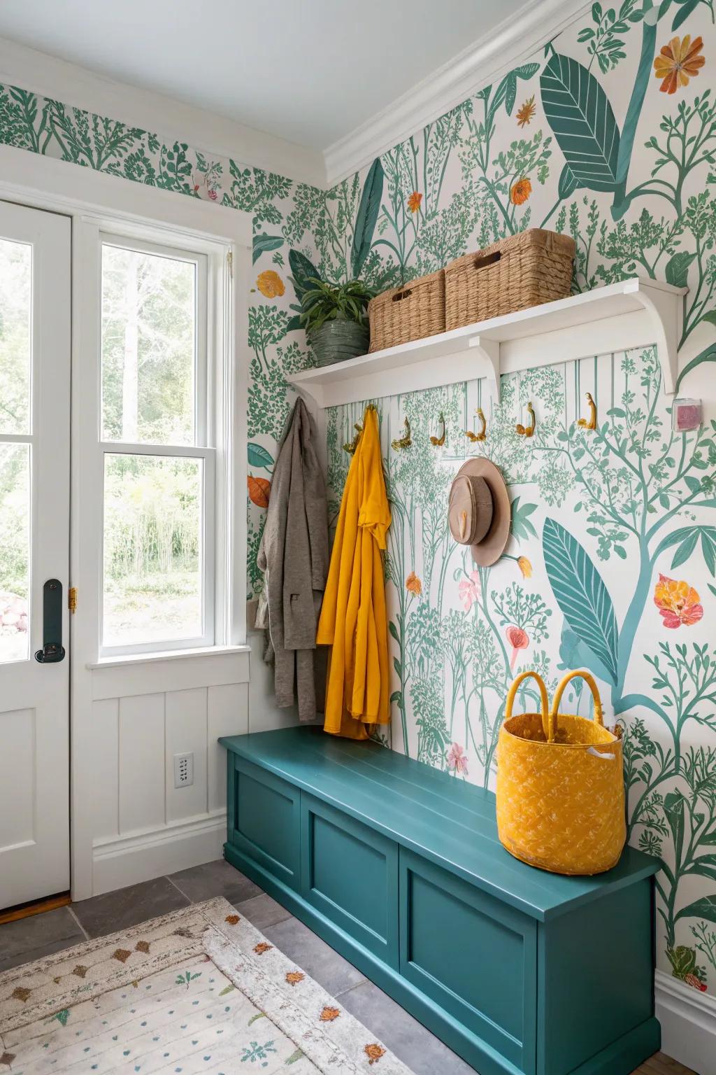 Enter a magical world with whimsical forest wallpaper that delights both young and old. 🌳 #WhimsicalDecor #MudroomInspiration
