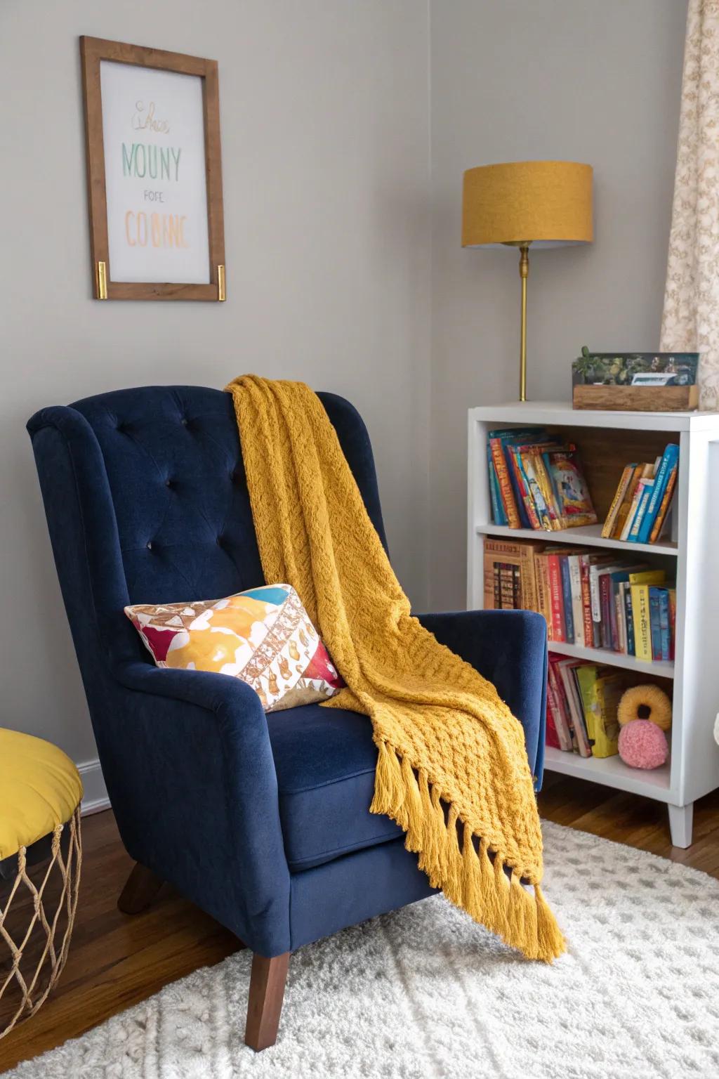 A reading nook offers a quiet and comforting space in the nursery.