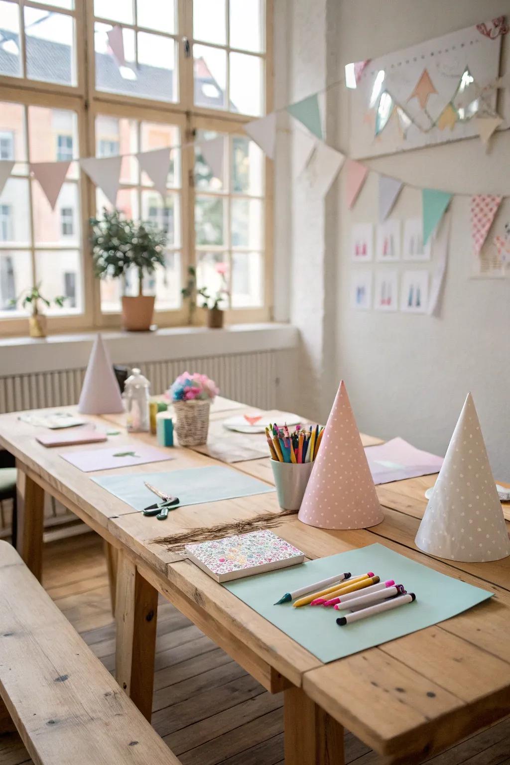 Unleash creativity with a party hat craft station. 🎉 #ClassroomCrafts #NewYearFun