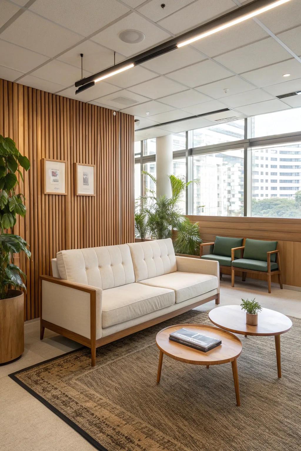 A sleek sofa transforms this office into a comfortable, living-room-like space.