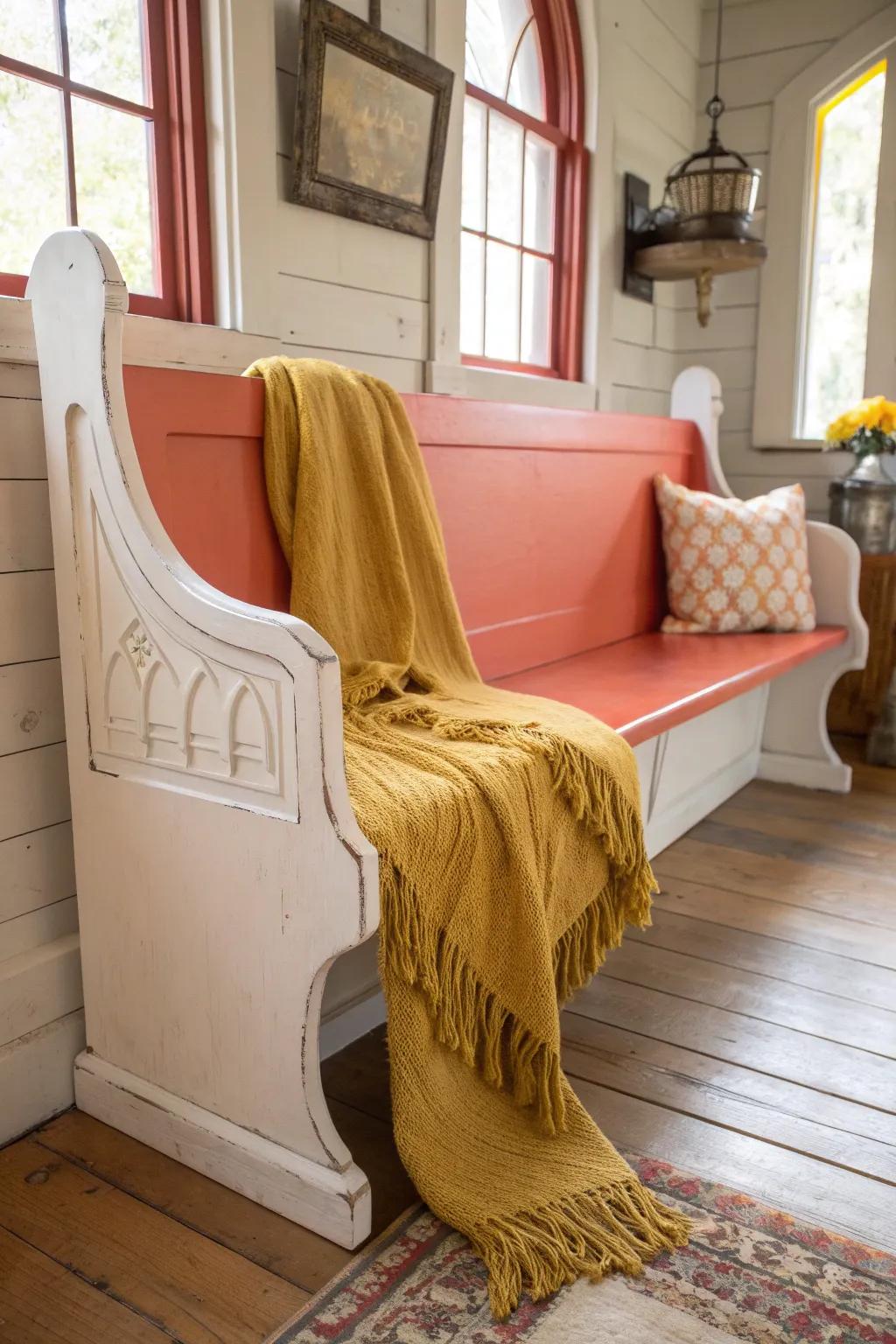 Embrace rustic charm with a farmhouse-style church pew.