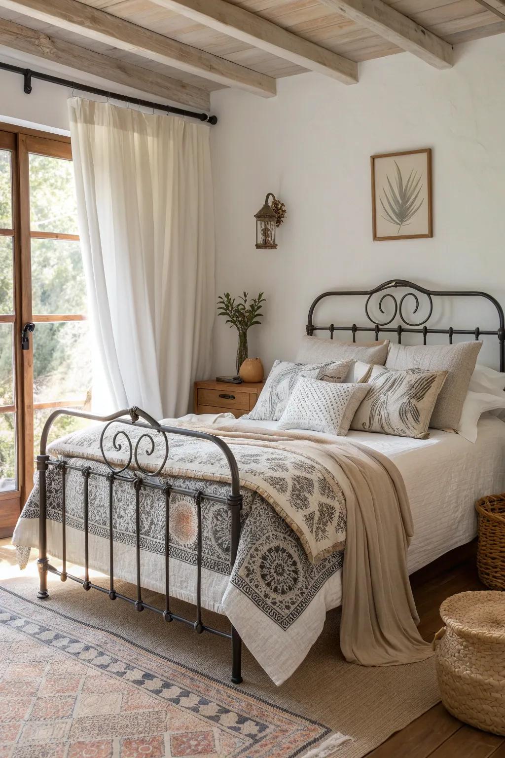 Travel the world from your bedroom, where global patterns and wrought iron create an eclectic, vibrant haven. 🌍🛏️ #EclecticStyle #GlobalDesign