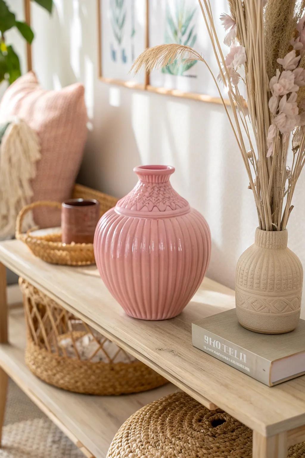 Enhance your shelves with elegant pink ceramic decor. 🌿 #CeramicArt #HomeStyling