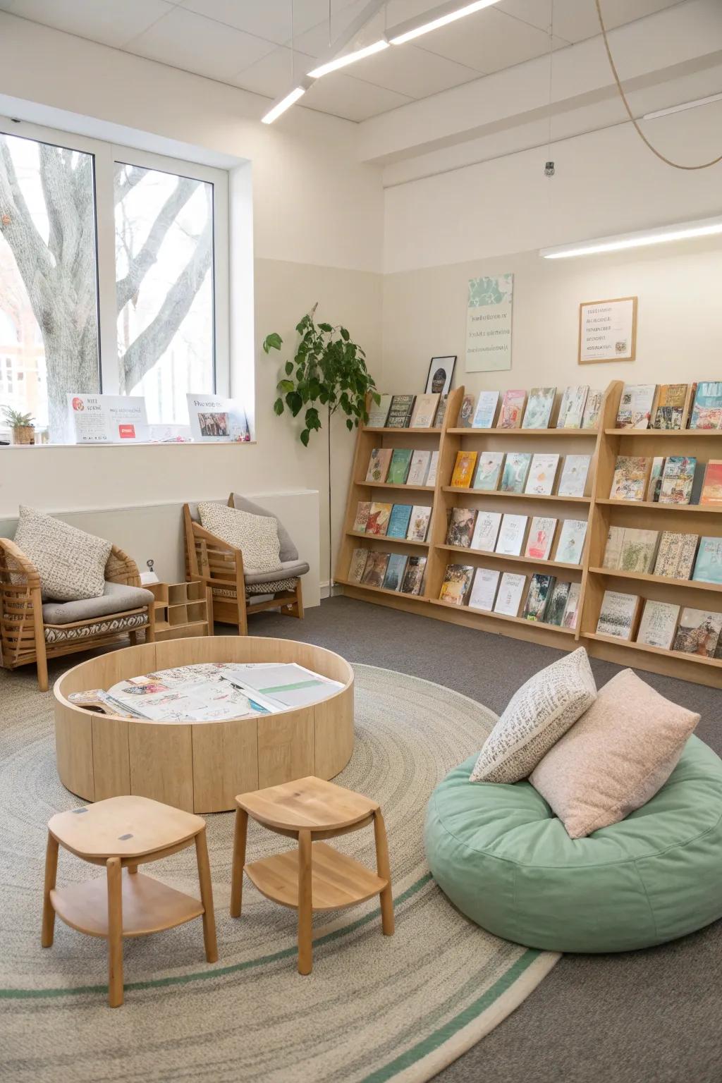 Dynamic seating creates a welcoming reading environment. 🪑