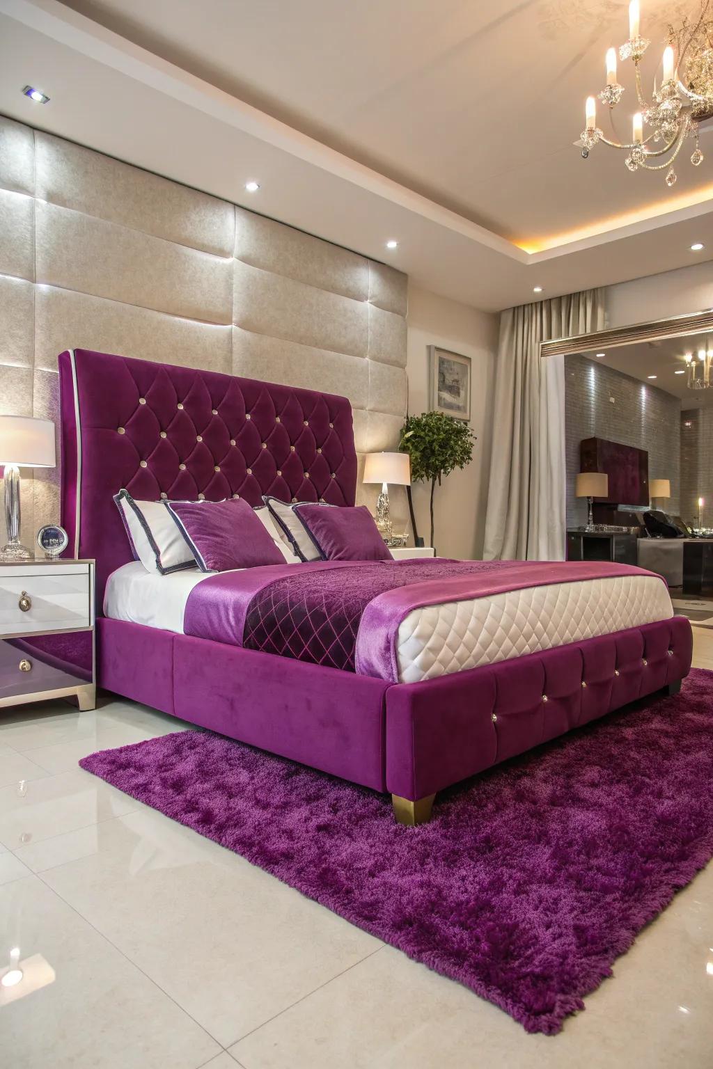 A bold purple statement piece adds a pop of color and personality to your bedroom.