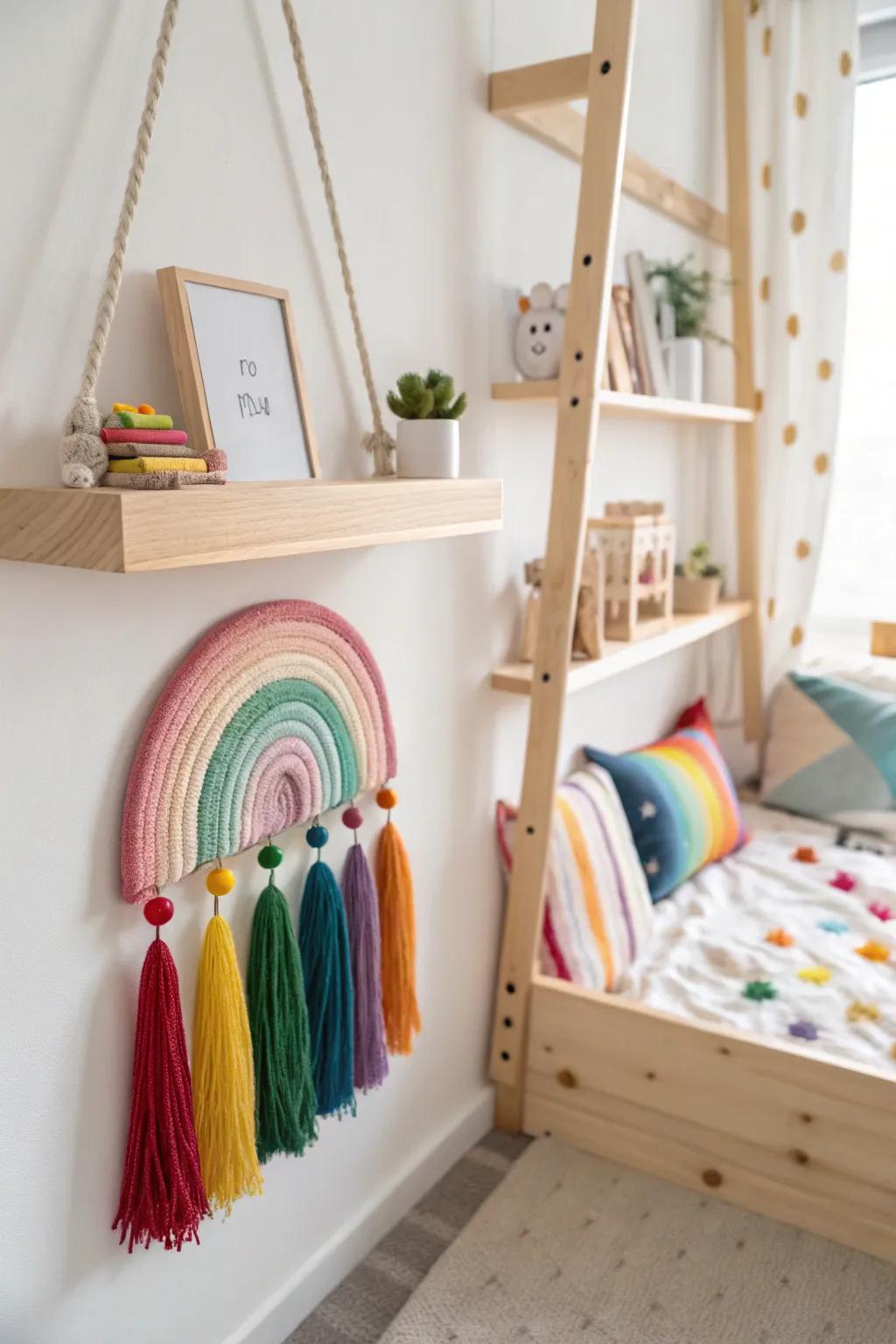 Rainbow tassels add a playful and colorful layer to the decor, bringing joy to the space. 🎨 #CreativeDecor #HomeIdeas
