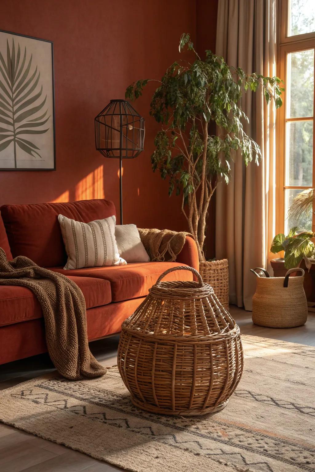 Wicker baskets add texture and functionality, blending seamlessly with rust tones. 🌿 #WickerDecor #RusticCharm #LivingRoomInspo