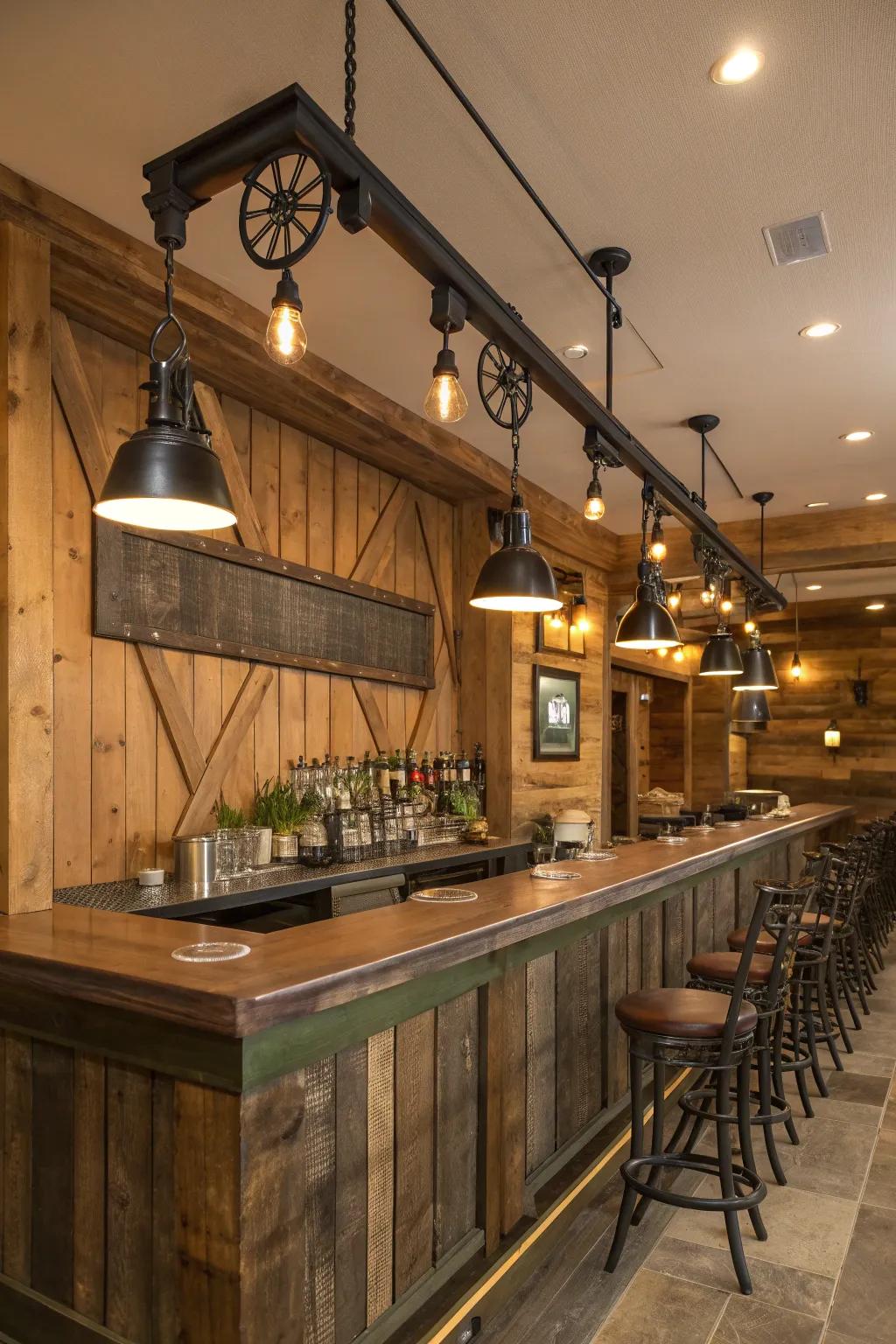 Rustic track lighting adds flexibility and style to your bar lighting. #TrackLighting #HomeBar
