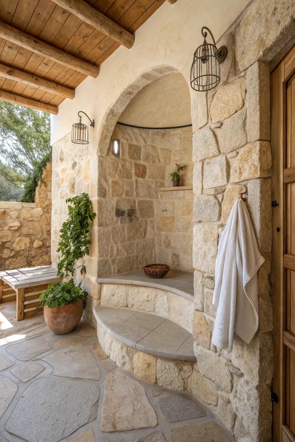 Built-in benches provide a perfect spot to relax and enjoy the rustic ambiance of your shower. 🪑 #ShowerDesign #Relaxation