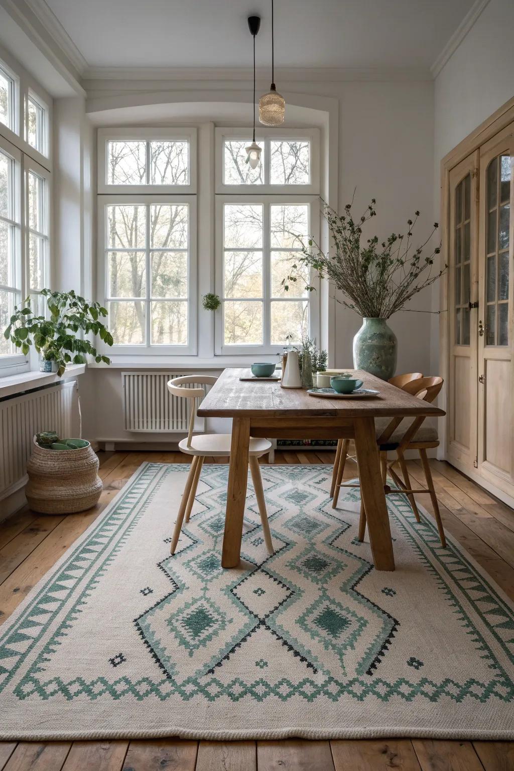 Define your dining area with a striking rug that adds character. 🏡 #RugDesign #ScandinavianInteriors #CozyVibes